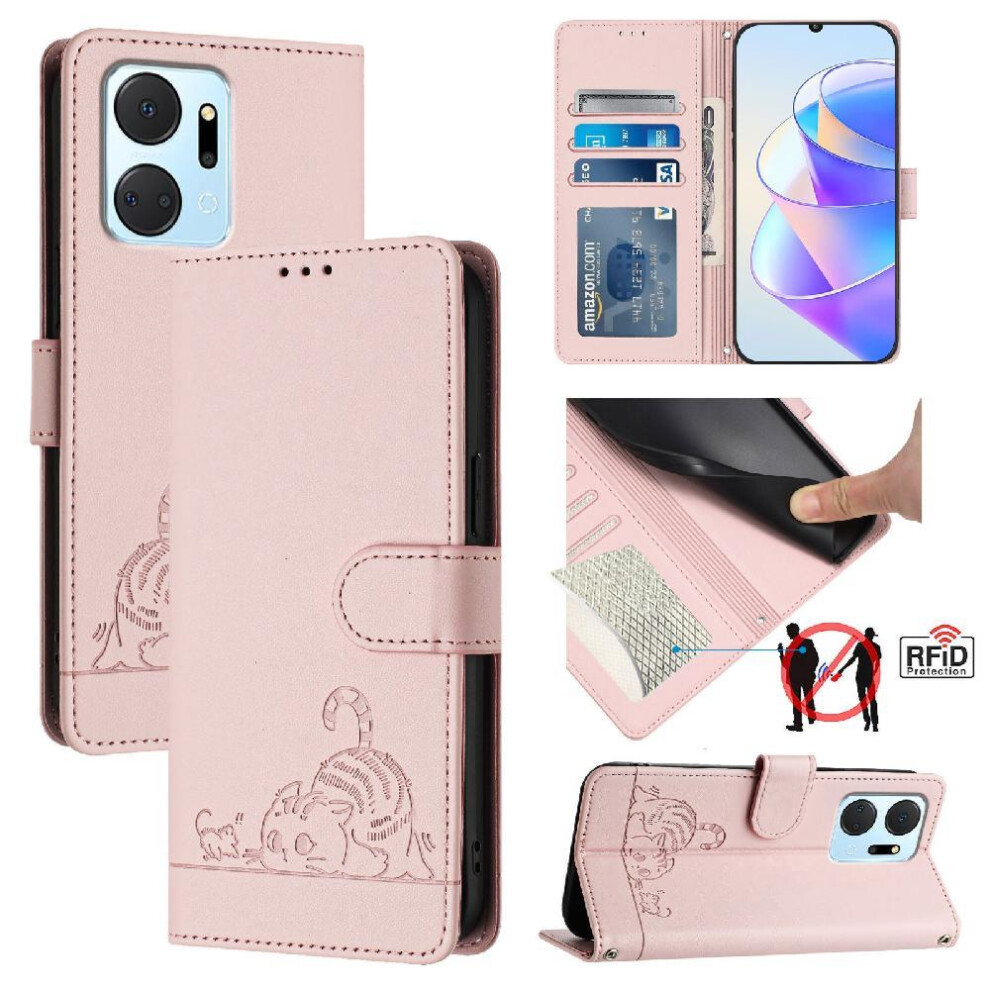 (Pink) Case For Honor X7a 4G Wallet Flip Cover Cat Rfid Card Slot Holder Kickstand Pink 764549451708