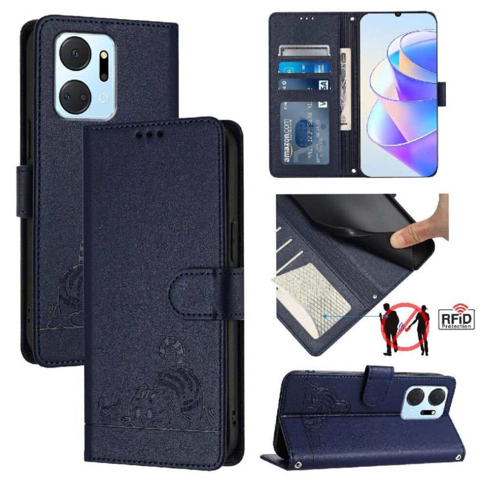 (Blue) Case For Honor X7a 4G Wallet Flip Cover Cat Rfid Card Slot Holder Kickstand Blue 764549451722