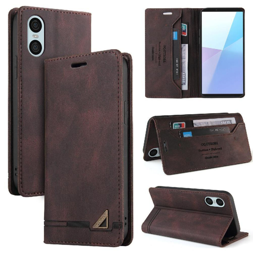(Brown) Flip Case For Sony Xperia 10 Vi Premium Leather Two Card Slots Premium Leather Kickstand Brown 764549453160