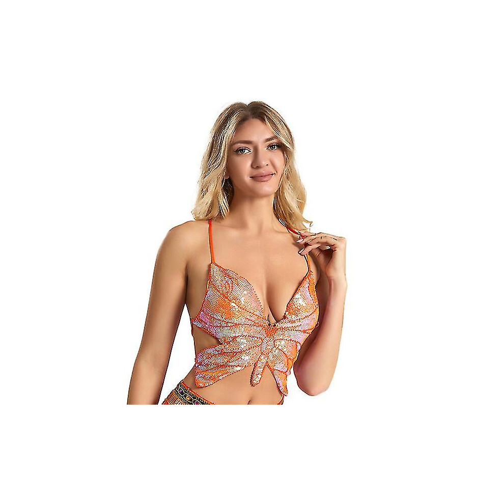 (Oranger) Womens Glitter Sequin Butterfly Crop Top, Tank Vest For Belly Dance Costume Outfits