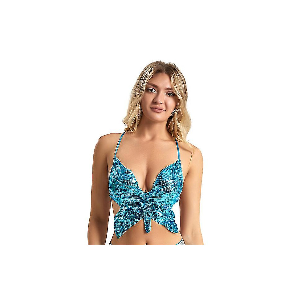 (Blue) Womens Glitter Sequin Butterfly Crop Top, Tank Vest For Belly Dance Costume Outfits