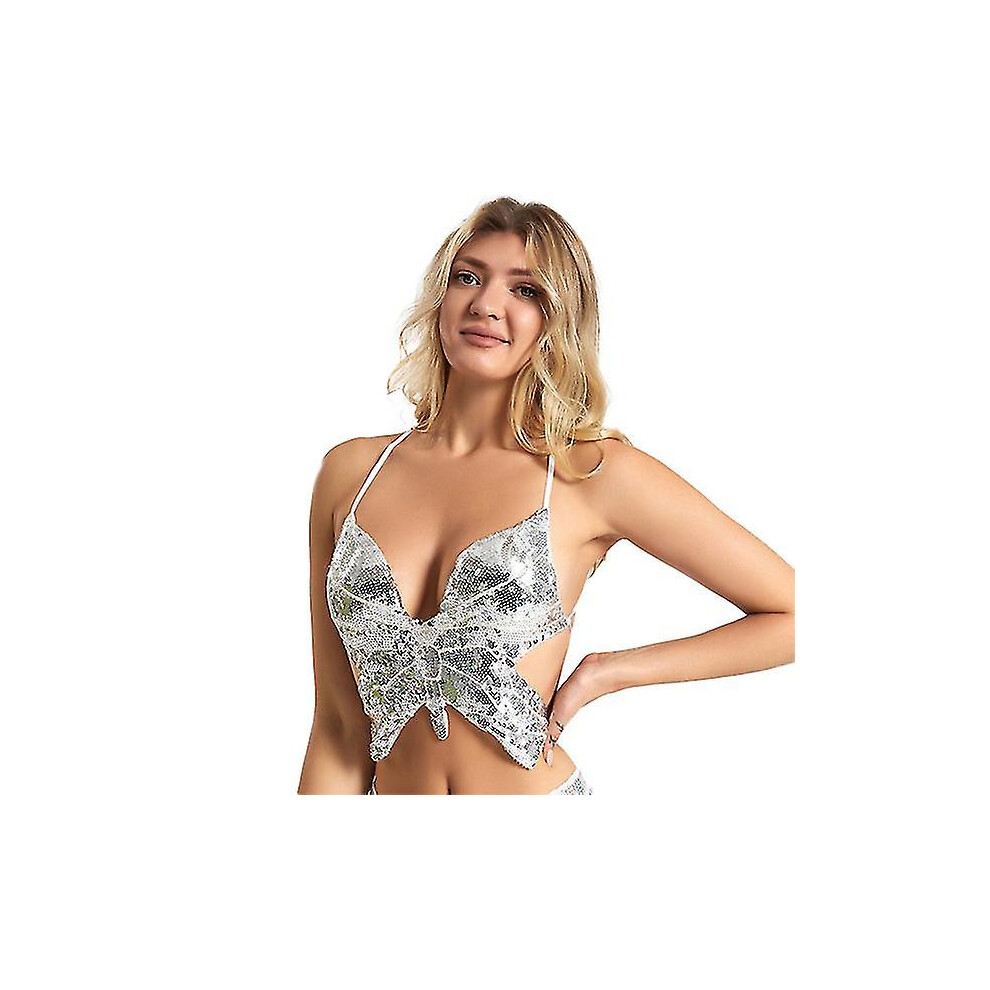 (Silver) Womens Glitter Sequin Butterfly Crop Top, Tank Vest For Belly Dance Costume Outfits