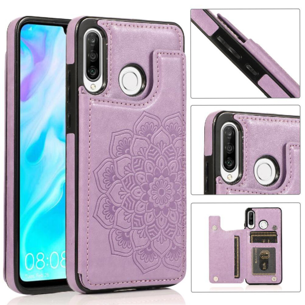 (Purple) Wallet With Card Holder Case For Huawei P30 Lite Embossed Mandala Flip Shockproof Double Buttons Pu Leather Pattern Flower Purple 764549453870