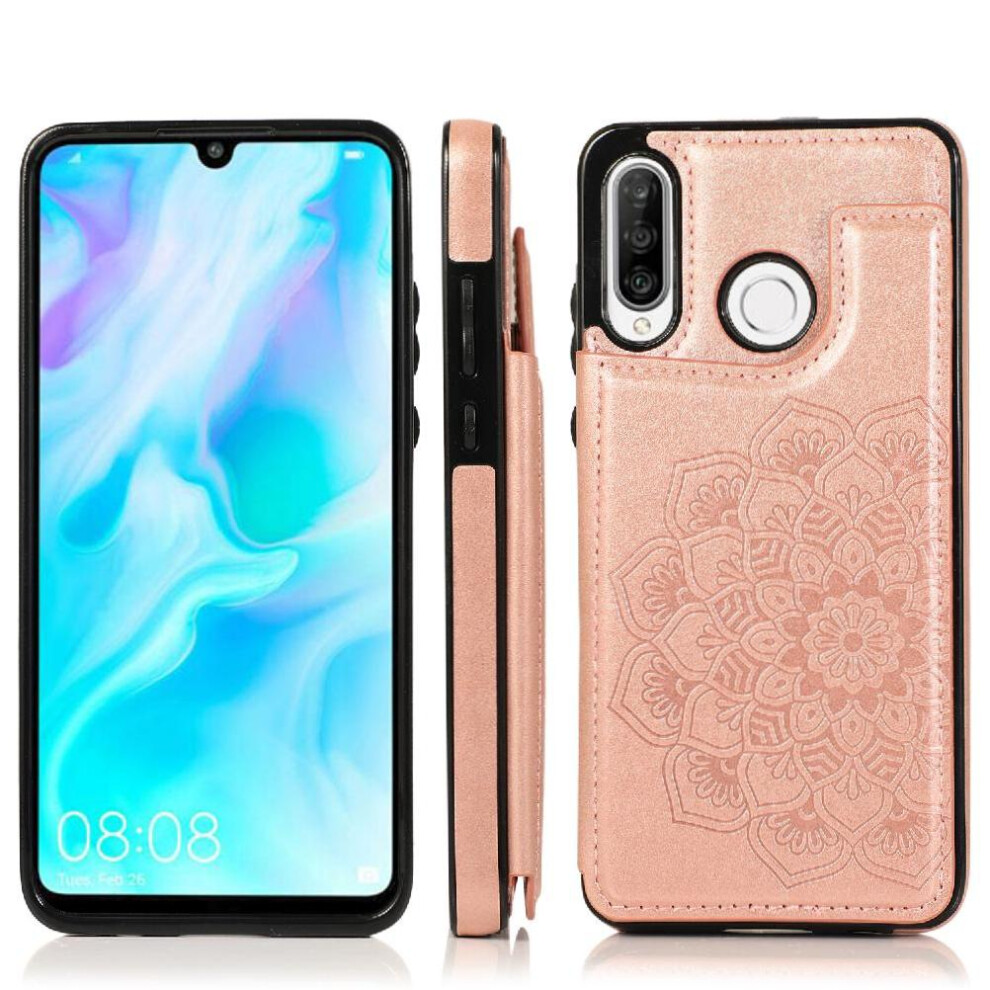 (Pink) Wallet With Card Holder Case For Huawei P30 Lite Embossed Mandala Flip Shockproof Double Buttons Pu Leather Pattern Flower Pink 764549453863