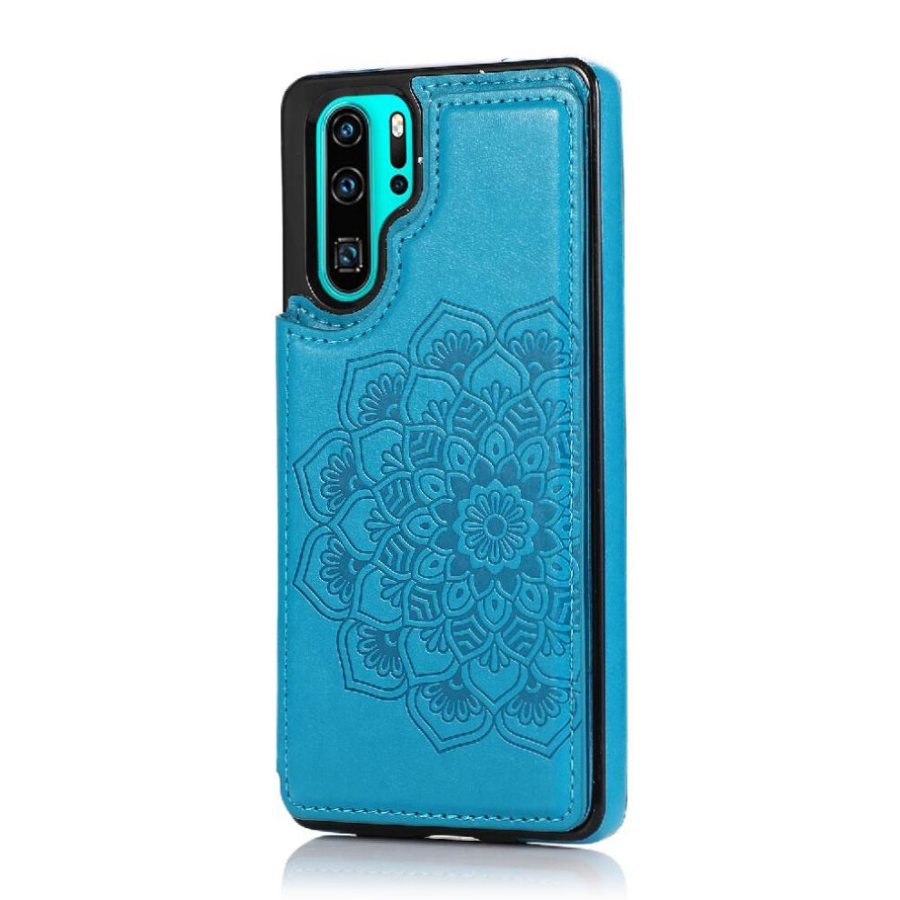 (Blue) Wallet With Card Holder Case For Huawei P30 Pro Pu Leather Flip Shockproof Double Buttons Embossed Mandala Pattern Flower Blue 764549453931