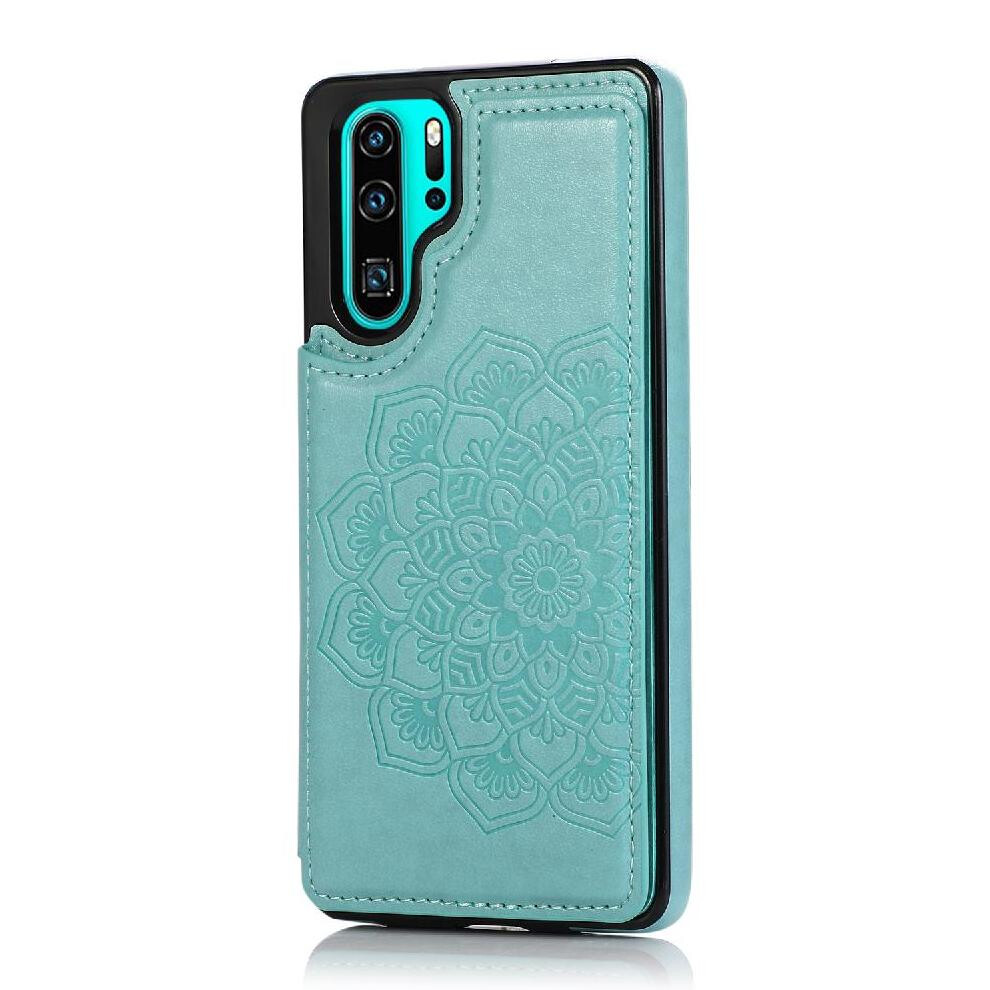 (Green) Wallet With Card Holder Case For Huawei P30 Pu Leather Pattern Flower Flip Shockproof Double Buttons Embossed Mandala Green 764549453993