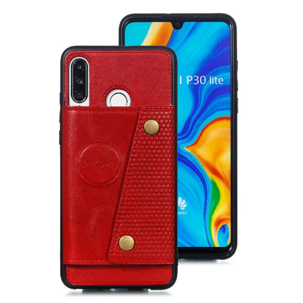(Red) Wallet Case For Huawei P30 Lite Card Holder Buit In Iron Shockproof Protective Wallet Case Kickstand Red 764549454273