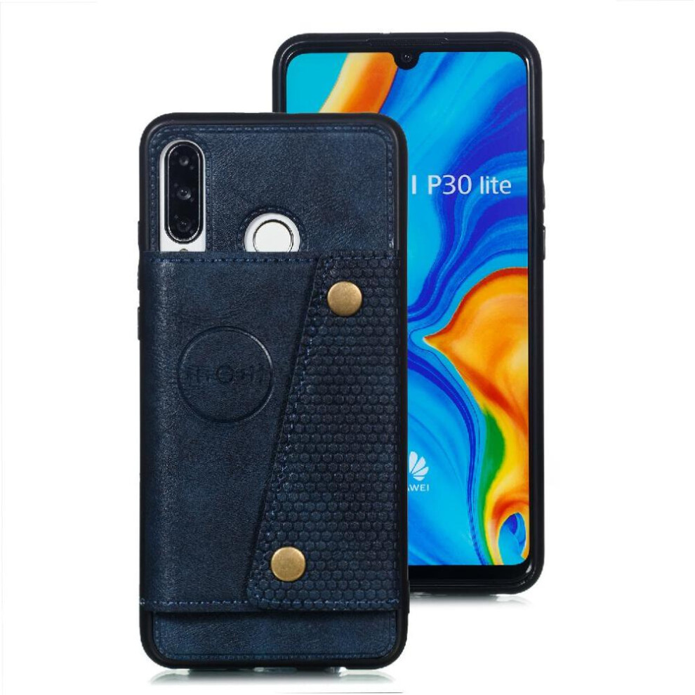 (Blue) Wallet Case For Huawei P30 Lite Card Holder Buit In Iron Shockproof Protective Wallet Case Kickstand Blue 764549454280