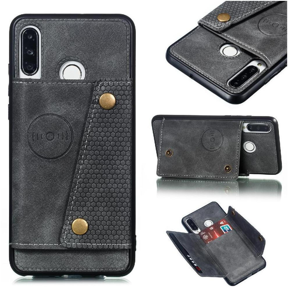 ( ) Wallet Case For Huawei P30 Lite Card Holder Buit In Iron Shockproof Protective Wallet Case Kickstand Gray 764549454297