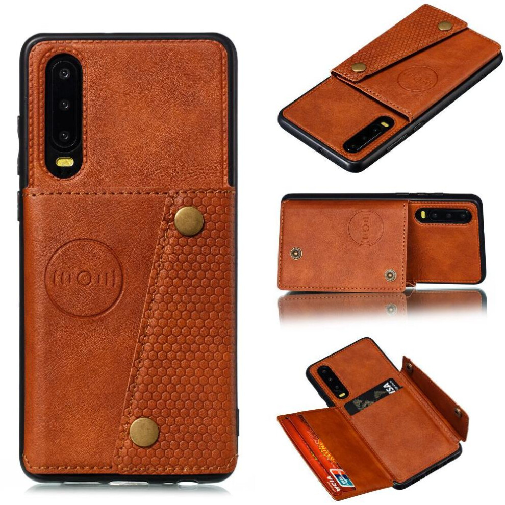(Brown) Wallet Case For Huawei P30 Wallet Case Buit In Iron Shockproof Protective Card Holder Kickstand Brown 764549454358