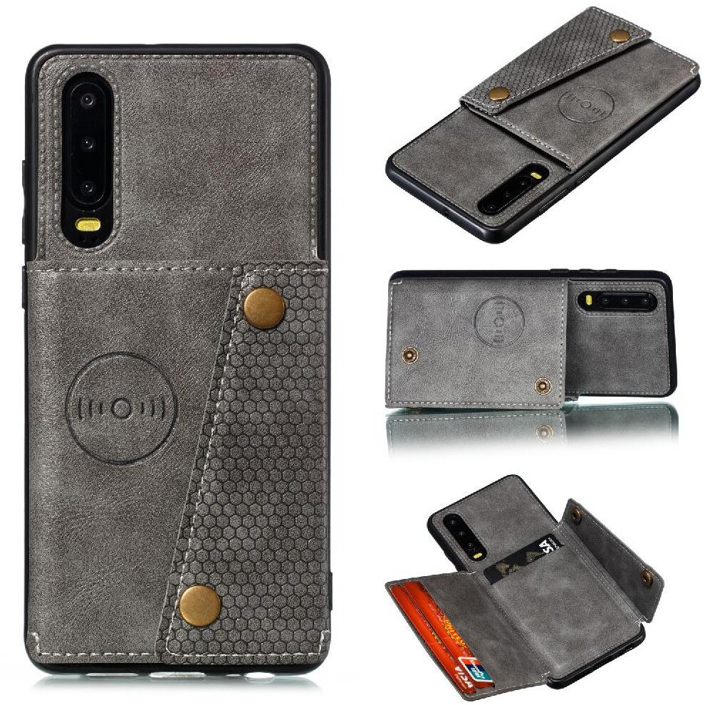 ( ) Wallet Case For Huawei P30 Wallet Case Buit In Iron Shockproof Protective Card Holder Kickstand Gray 764549454341