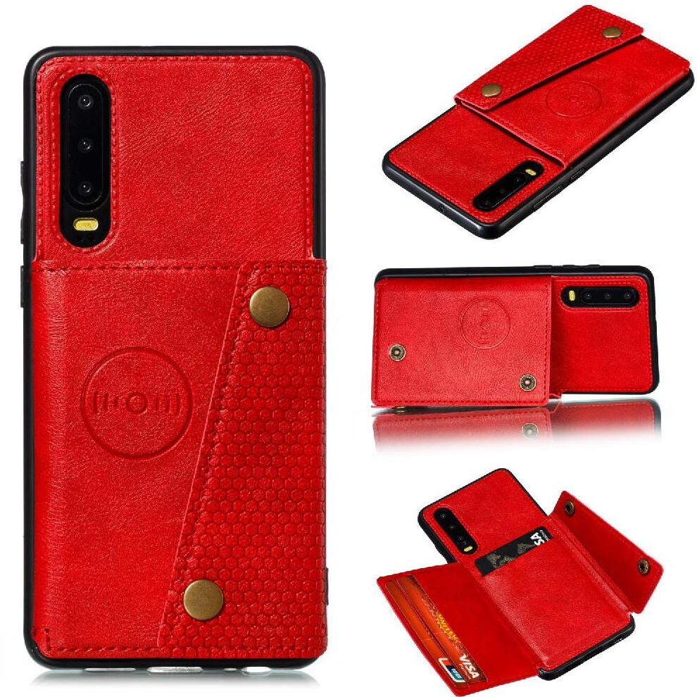 (Red) Wallet Case For Huawei P30 Wallet Case Buit In Iron Shockproof Protective Card Holder Kickstand Red 764549454327