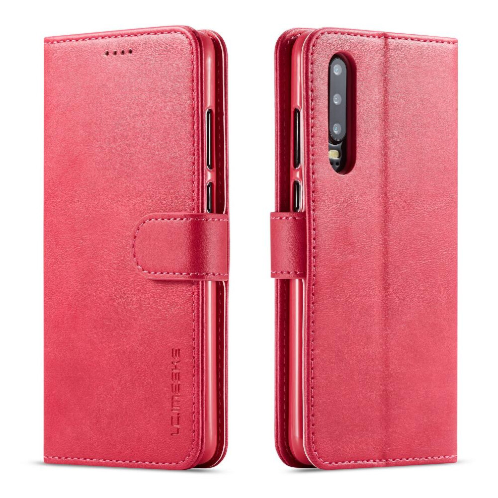 (Red) Case For Huawei P30 With Holder Calf Texture Horizontal Flip Leather Case Card Slots Wallet Red 764549456147