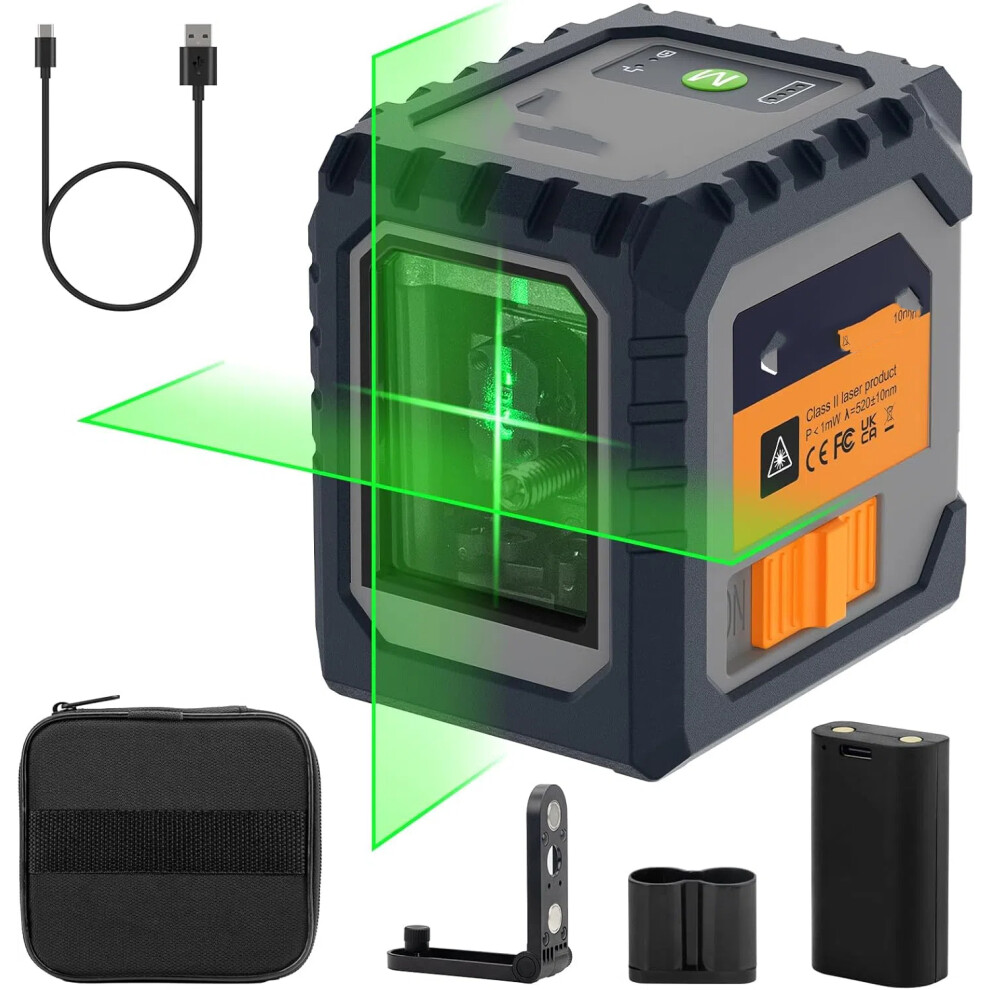 (Switch On/Off cross line) Green Laser LevelSelf-leveling Cross Line Laser,30M Working Distance (Up to 50M with Detector), Rechargeable Battery Built-in, Button Control Laser