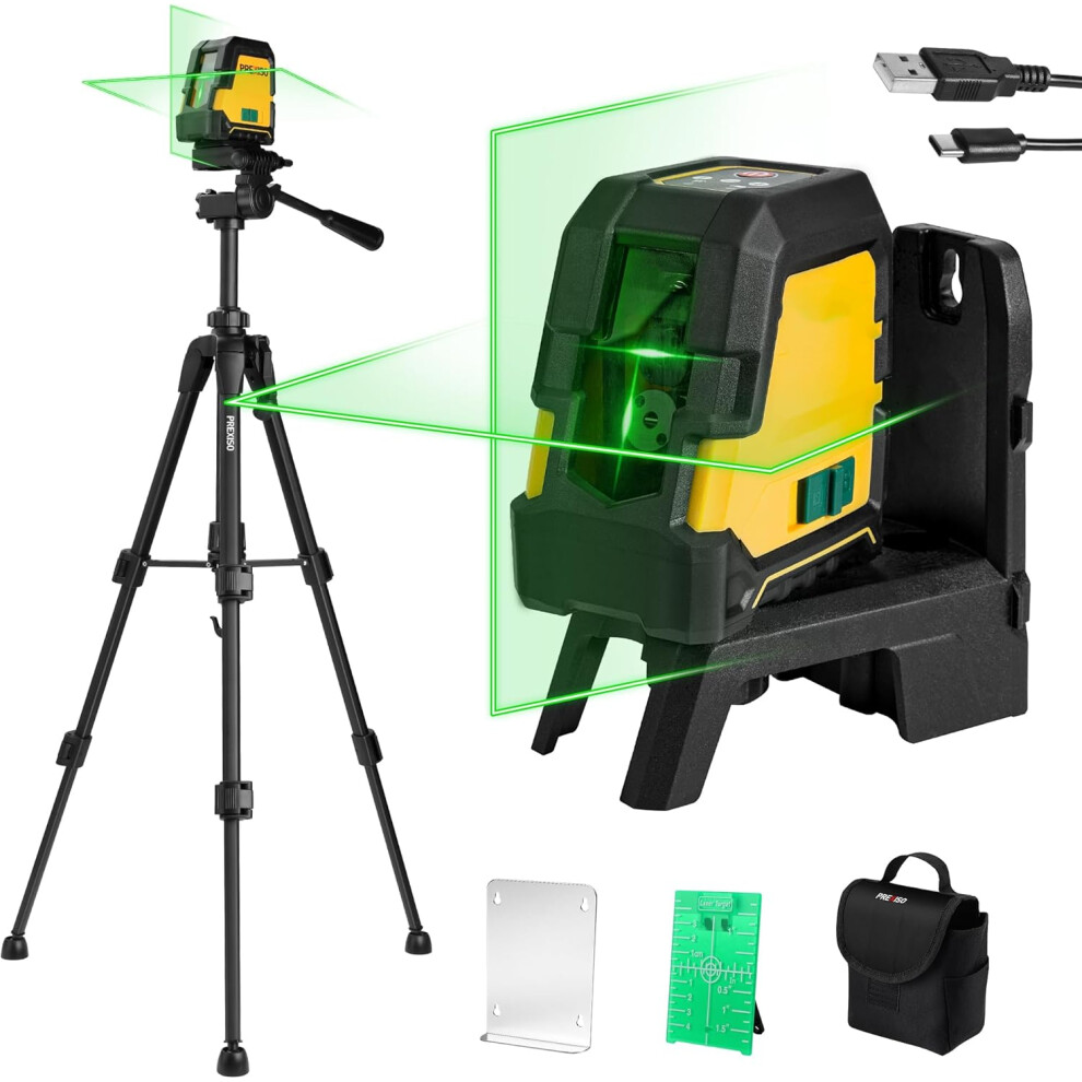 (Green Laser with Tripod) Laser Level with Tripod, 30M Rechargeable Self-Leveling Crosshair Green Light, Horizontal and Vertical Line Laser with Magnetic Holder