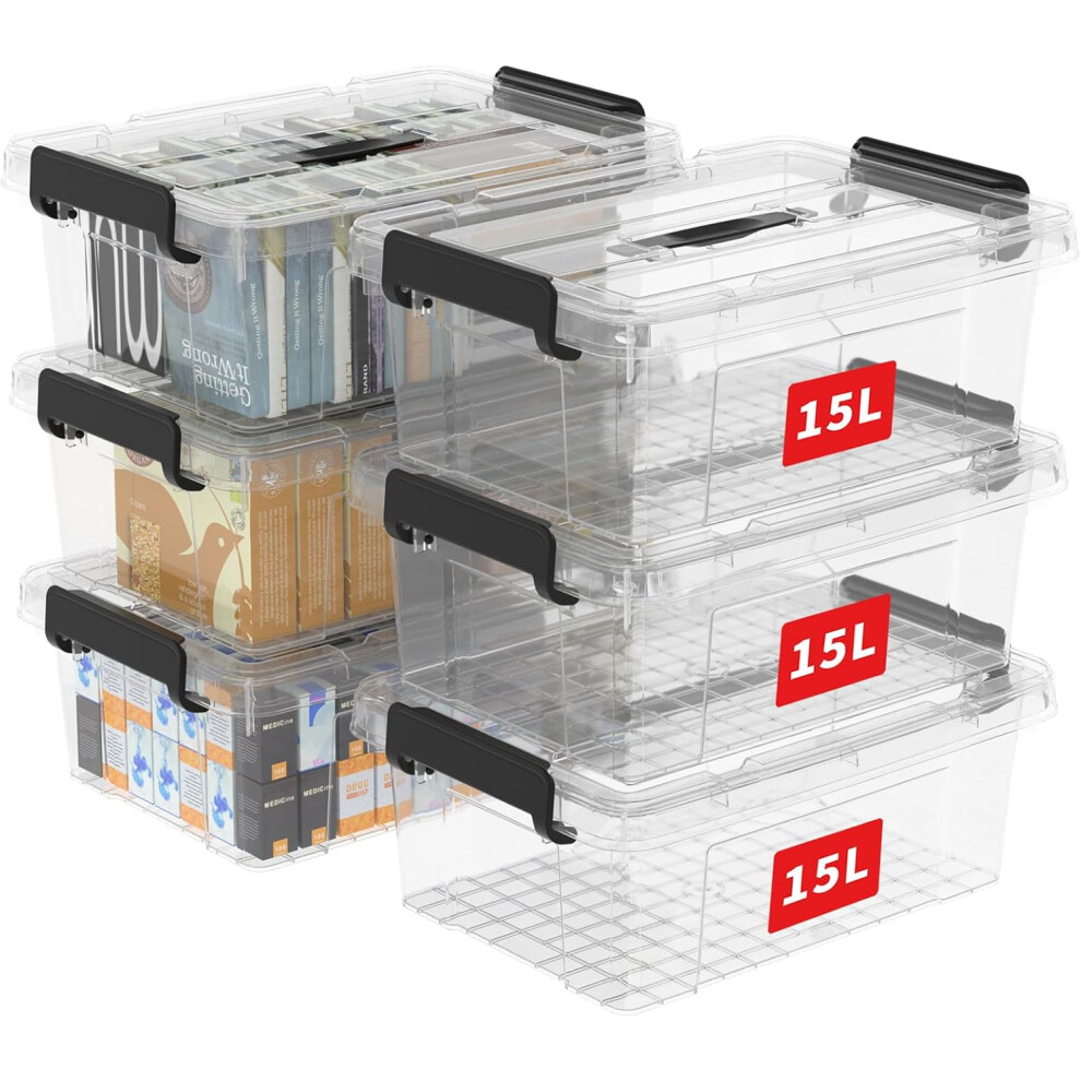 (15L*6) 15L*6 Storage Box, Plastic Storage Box with Lid, Organizing Container with Handle and Safety Buckle, Stackable