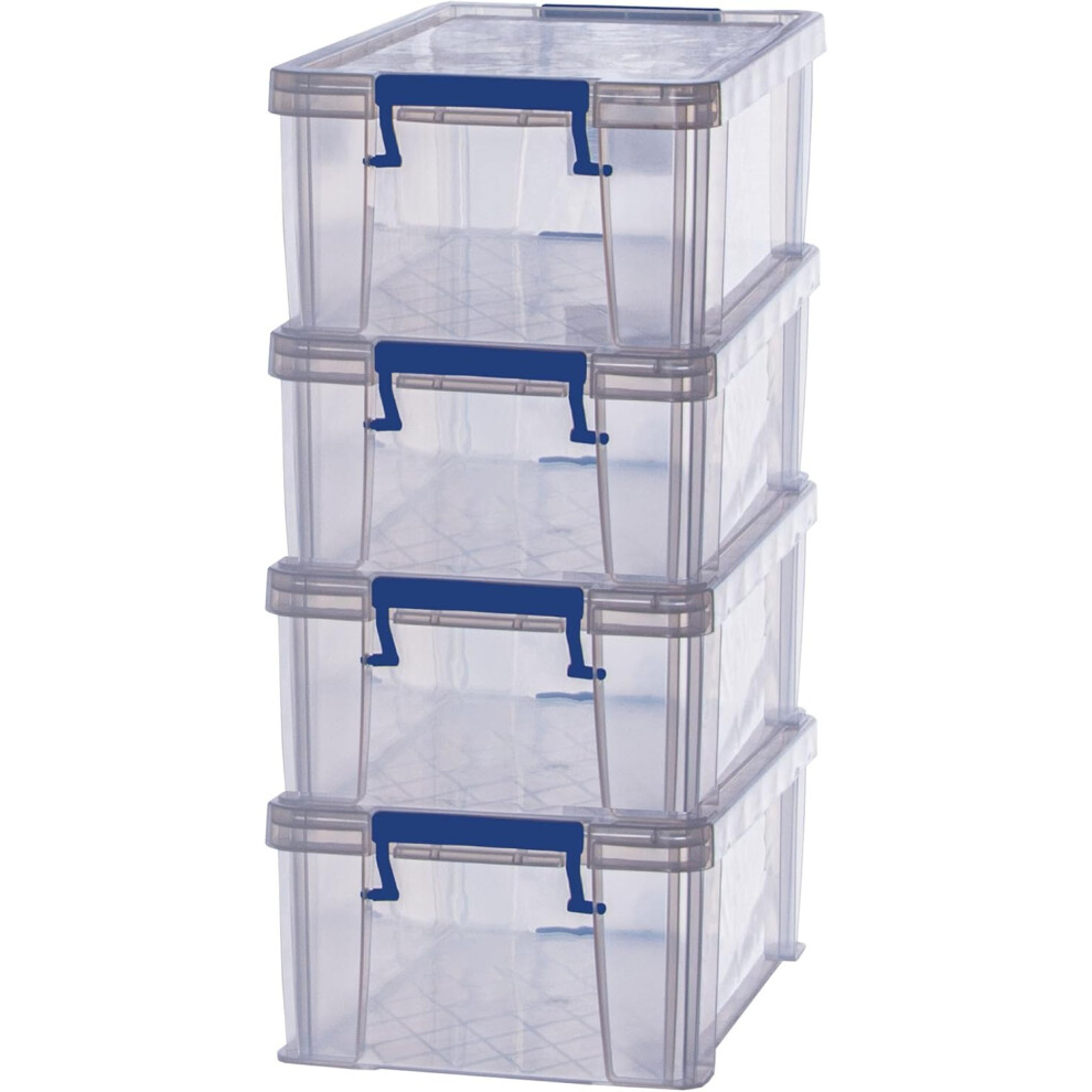 (10 Litre X 4) 4x 10L Plastic Storage Boxes with Lids.ProStore Super Strong, Stackable Plastic Storage Box with Lid (14 x 34 x 21.5cm), Made in the UK, Clear