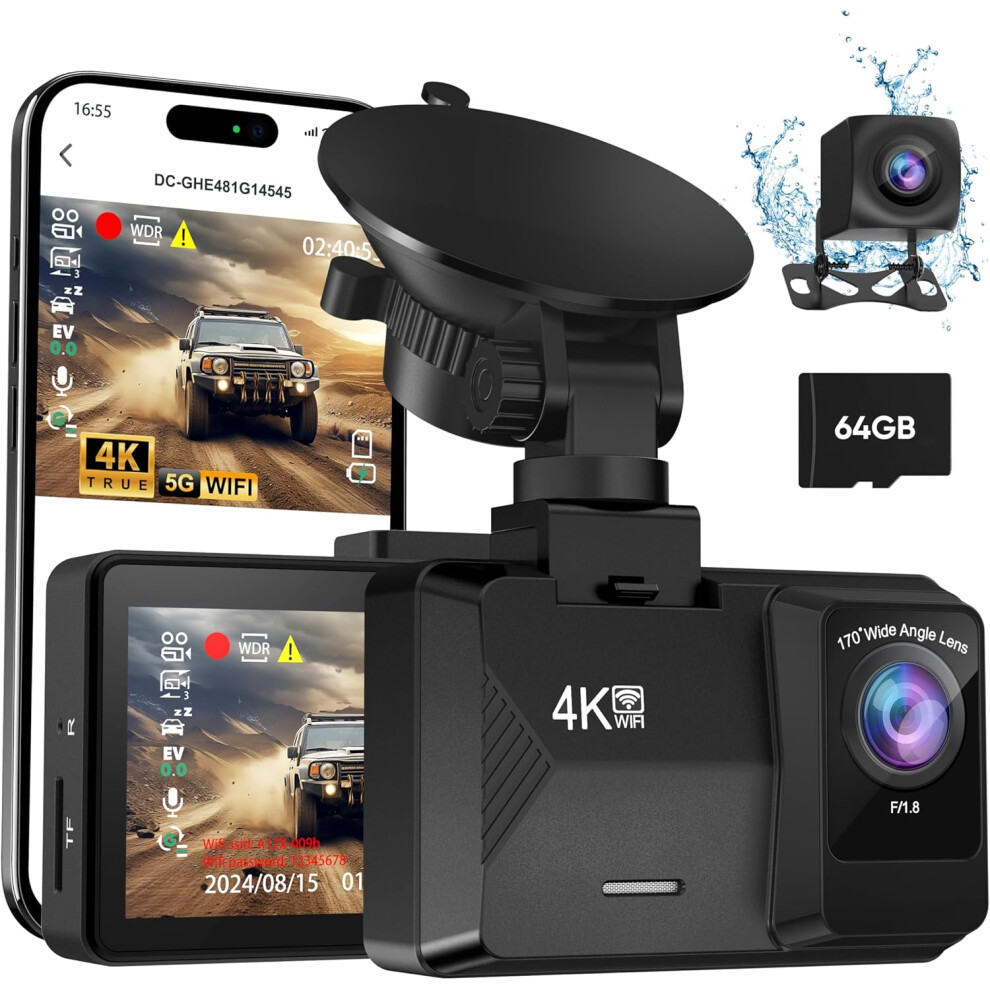 Dash Cam Front and Rear Built-in 5GHz WiFi, 4K 1080P Dual Dash Camera for Cars with 64GB SD Card, 2.0" Display Dashcam, 24H Parking Mode, App Control-image-OPC-PG6NWF5-NEW