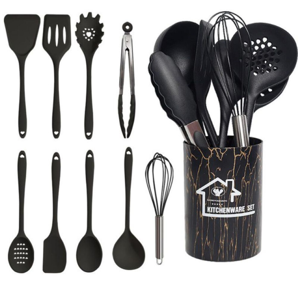 (black) 10pcs Pink Silicone Cooking Utensils Set Non-stick Pan Baking Tools Kitchenware Spatula Spoon Food Tongs Kitchen Kit With Box