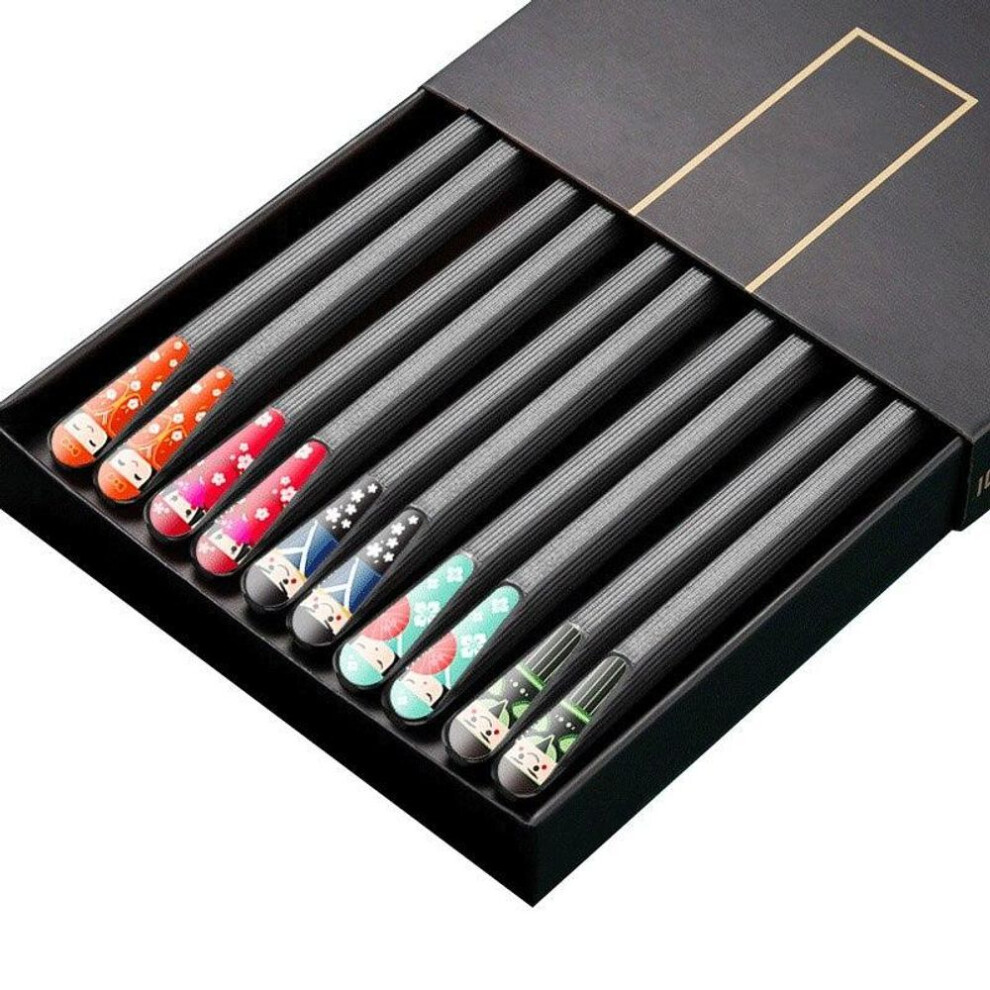 (e-style) 5 Pairs Black Chopsticks Chinese Food Sushi Sticks Reusable Korean Non-slip Chopsticks Set Alloy Tableware Palillos Chinos