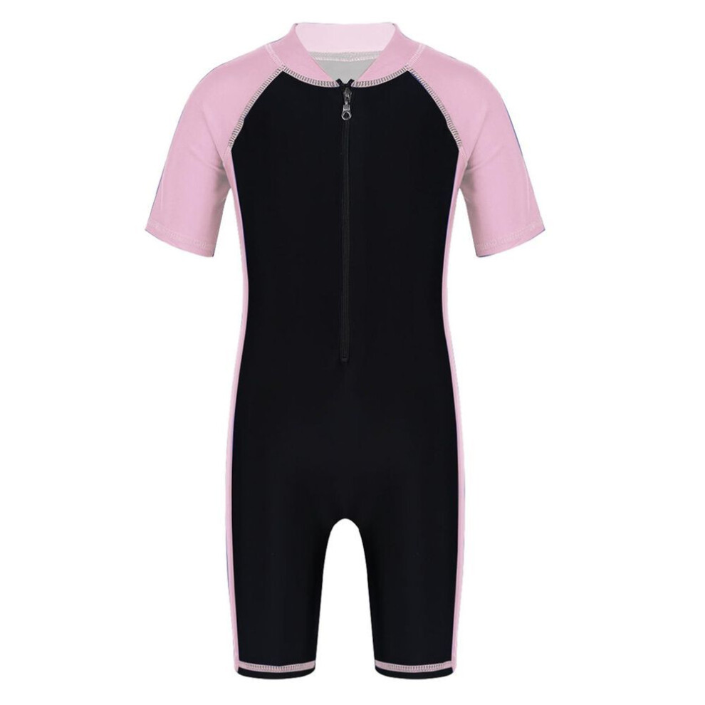 (pink, 12-14 Years) Kids Boys Girls One Piece Upf 50+ Rash Guard Zip Shorty Wetsuit Training Swimsuit Bathing Suit