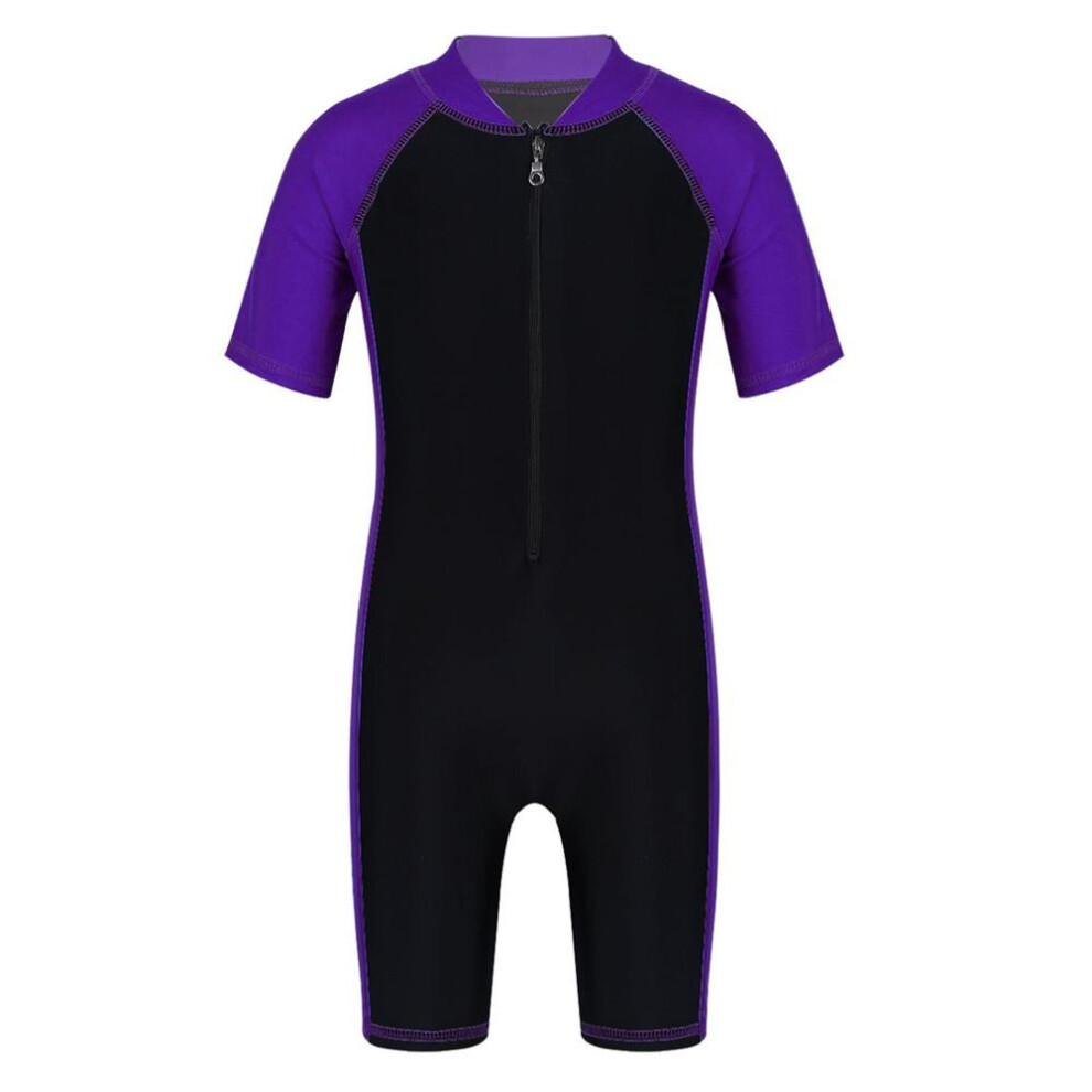(purple, 10-12 Years) Kids Boys Girls One Piece Upf 50+ Rash Guard Zip Shorty Wetsuit Training Swimsuit Bathing Suit