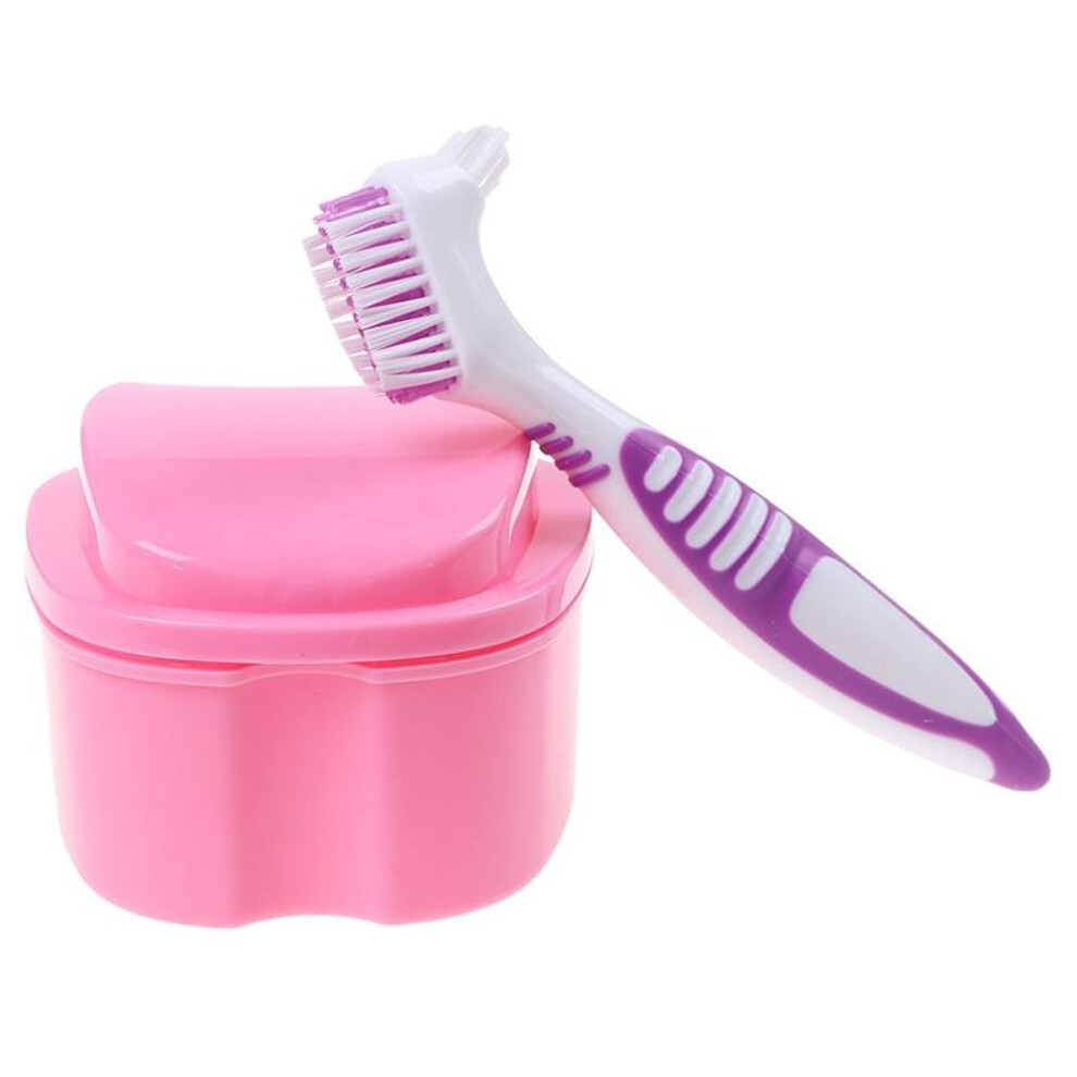 (pink) Denture Box And Brush Set Retainer Cleanning Denture Case Brush Toothbrush