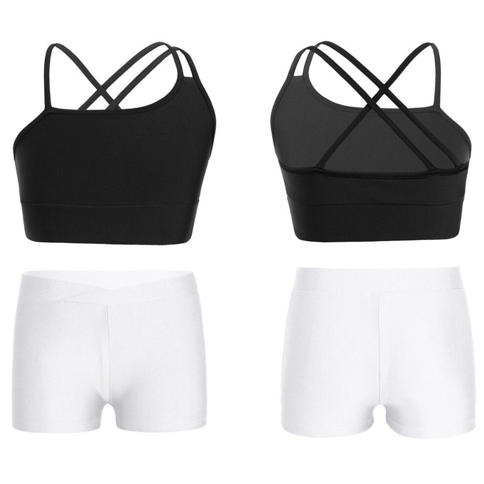 (black,white, 13-14 Years) Kids Girls Asymmetrical Strappy Crop Top With V-front Waistband Shorts For Sports Gymnastic Workout