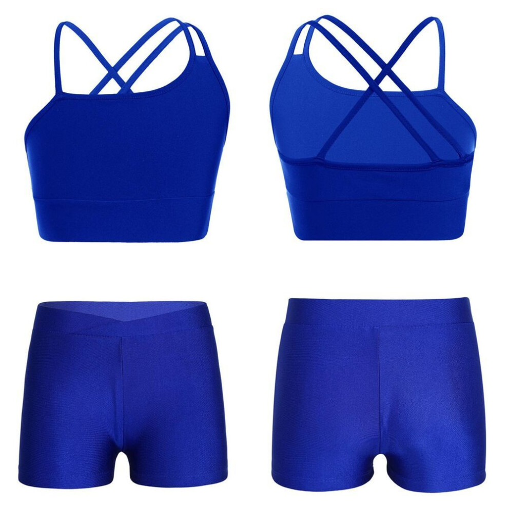 (royal blue, 13-14 Years) Kids Girls Asymmetrical Strappy Crop Top with V-front Waistband Shorts for Sports Gymnastic Workout
