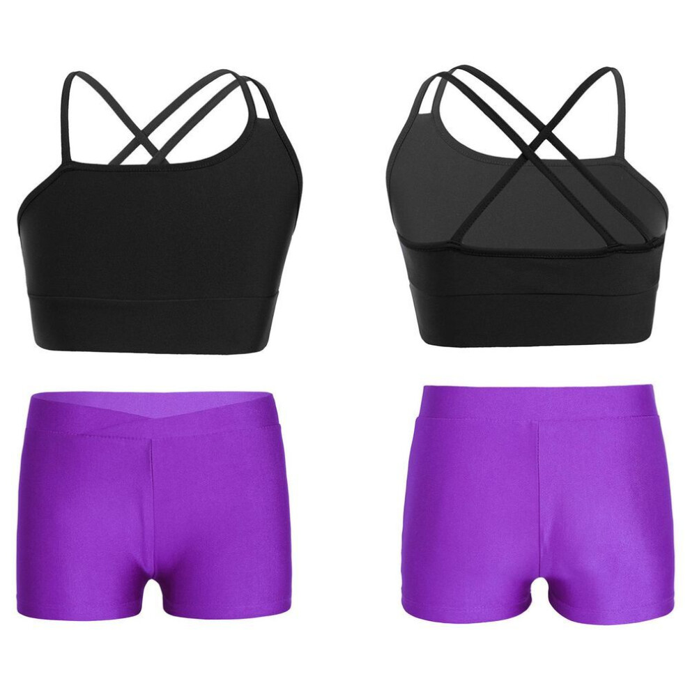 (black,purple, 7-8 Years) Kids Girls Asymmetrical Strappy Crop Top With V-front Waistband Shorts For Sports Gymnastic Workout