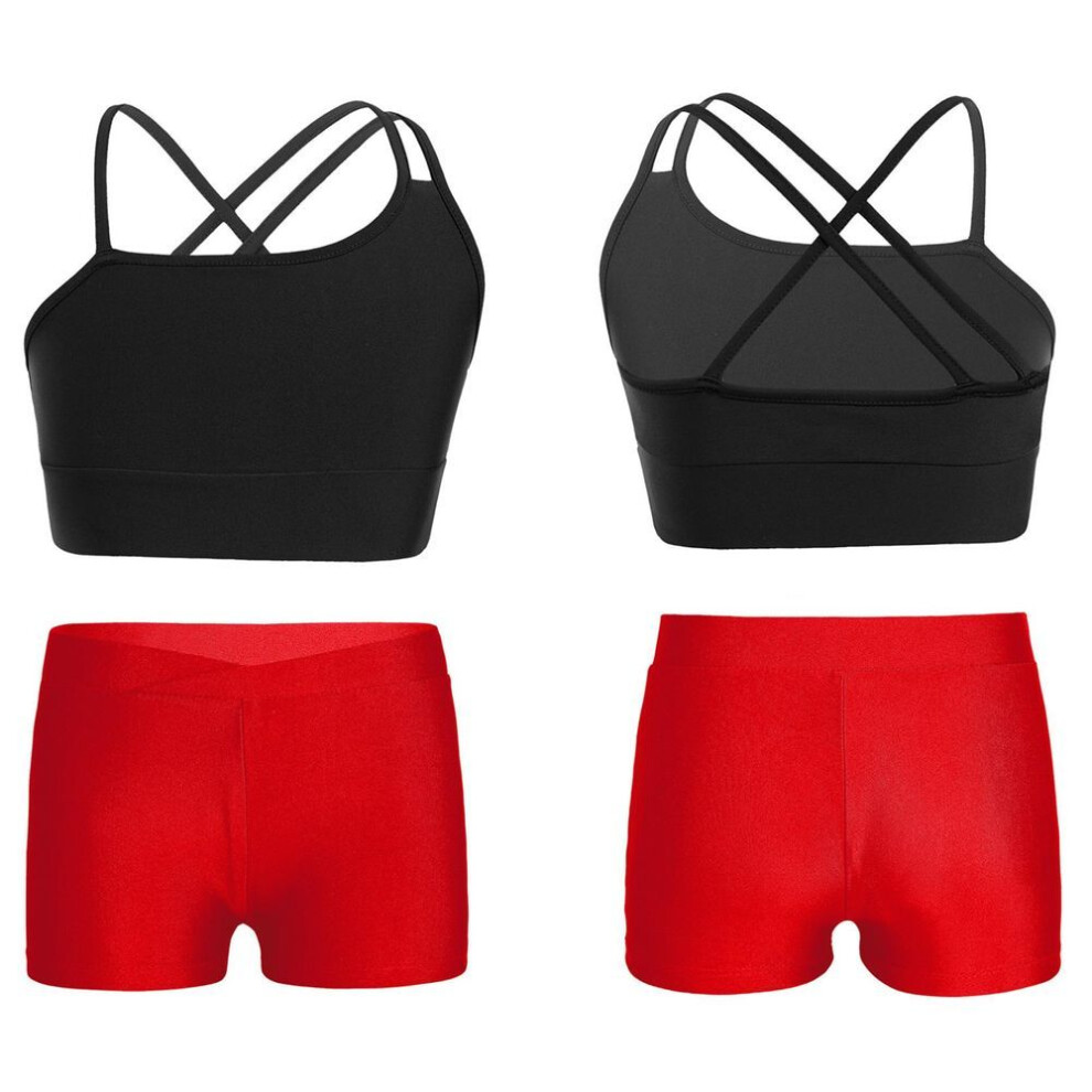 (black,red, 9-10 Years) Kids Girls Asymmetrical Strappy Crop Top With V-front Waistband Shorts For Sports Gymnastic Workout