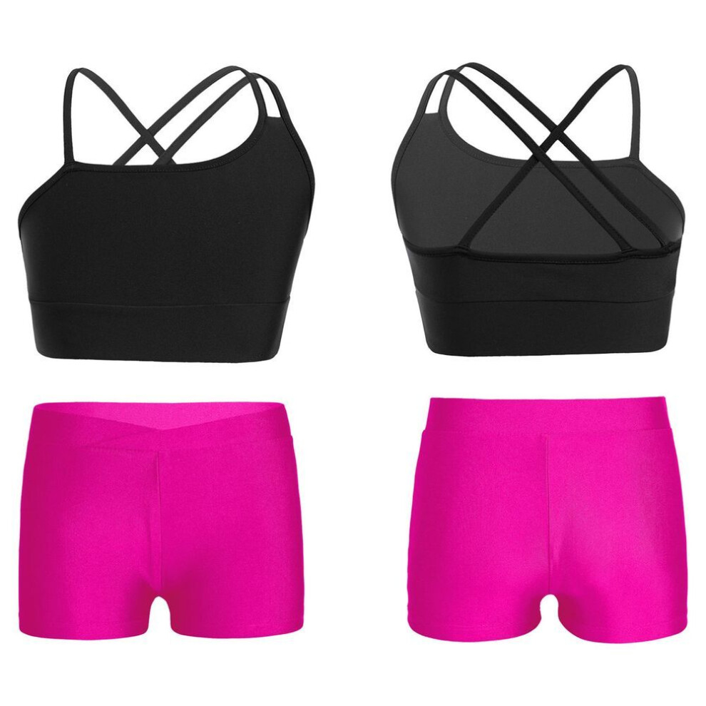 (black,rose, 13-14 Years) Kids Girls Asymmetrical Strappy Crop Top with V-front Waistband Shorts for Sports Gymnastic Workout