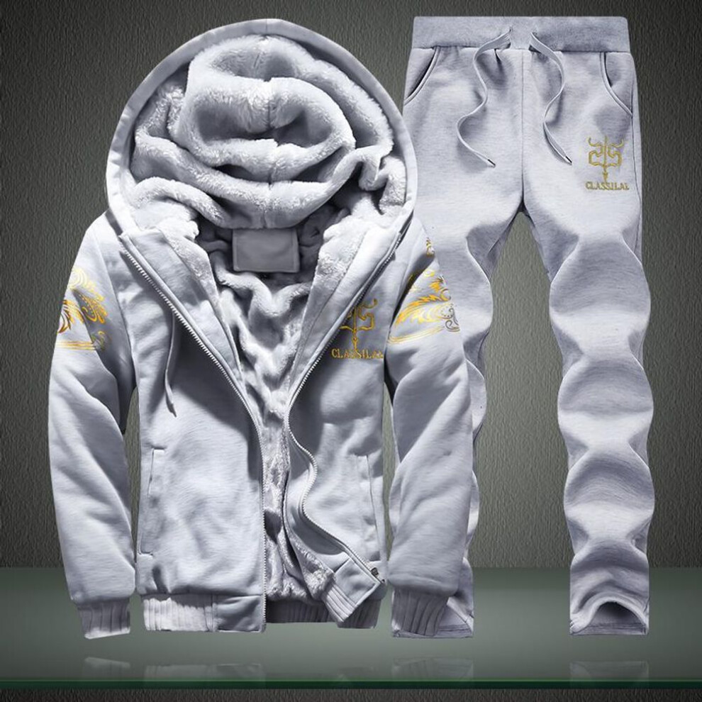 (grey, S) Plus Velvet Long-sleeved Suit Men&apos;s Casual Warm Jacket Young Men&apos;s Plus Size Sports Two-piece Suit