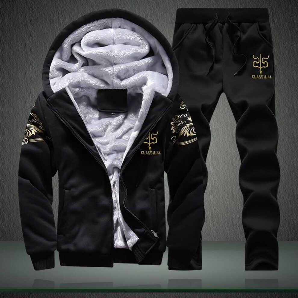 (black, XXL) Plus Velvet Long-sleeved Suit Men&apos;s Casual Warm Jacket Young Men&apos;s Plus Size Sports Two-piece Suit