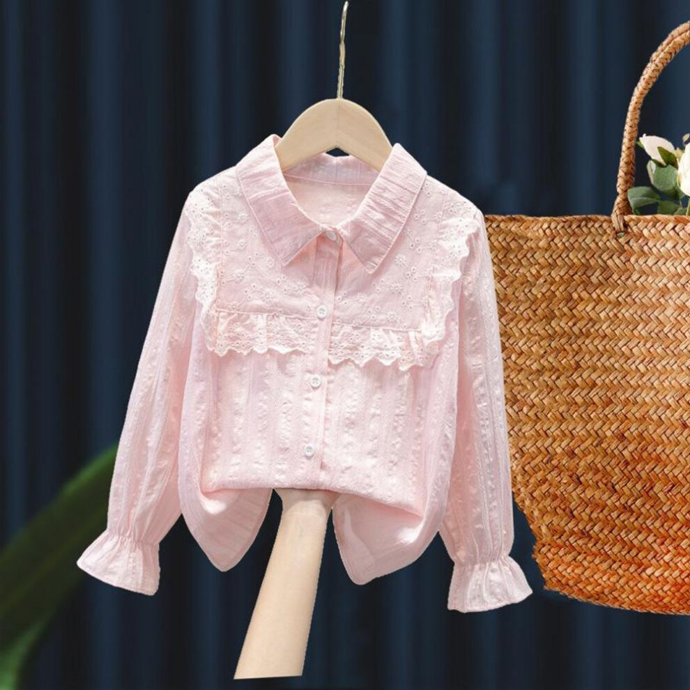 (pink, 100) Girls Blouse Spring 2023 New Children&apos;s Long-sleeved Lace Tops Kids Wihite Lapel Cardigan T-shirt