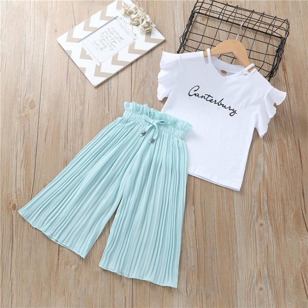 (green, 110) Summer Girls Clothing Sets Kids T-shirt +wide Leg Pants Suits Children Short Sleeve Baby Girl Clothes Kids Clothes Girls