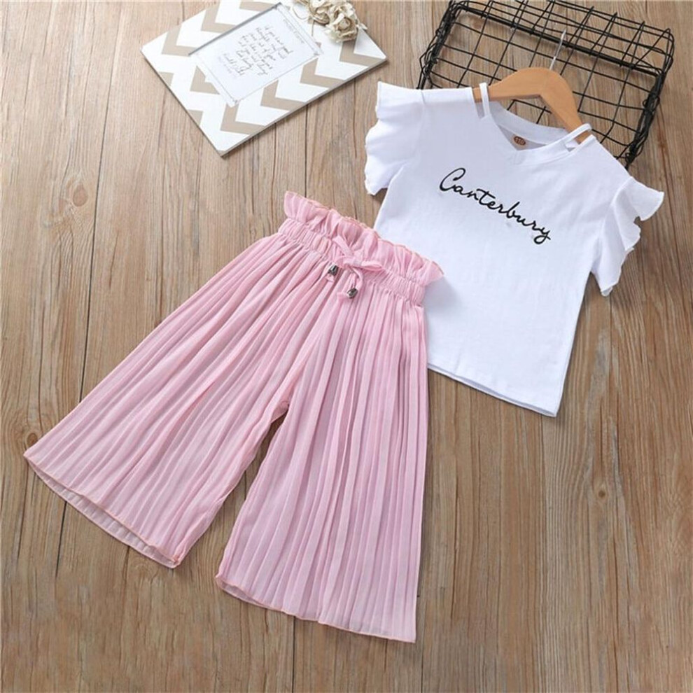 (pink, 150) Summer Girls Clothing Sets Kids T-shirt +Wide Leg Pants Suits Children Short Sleeve Baby Girl Clothes Kids Clothes Girls