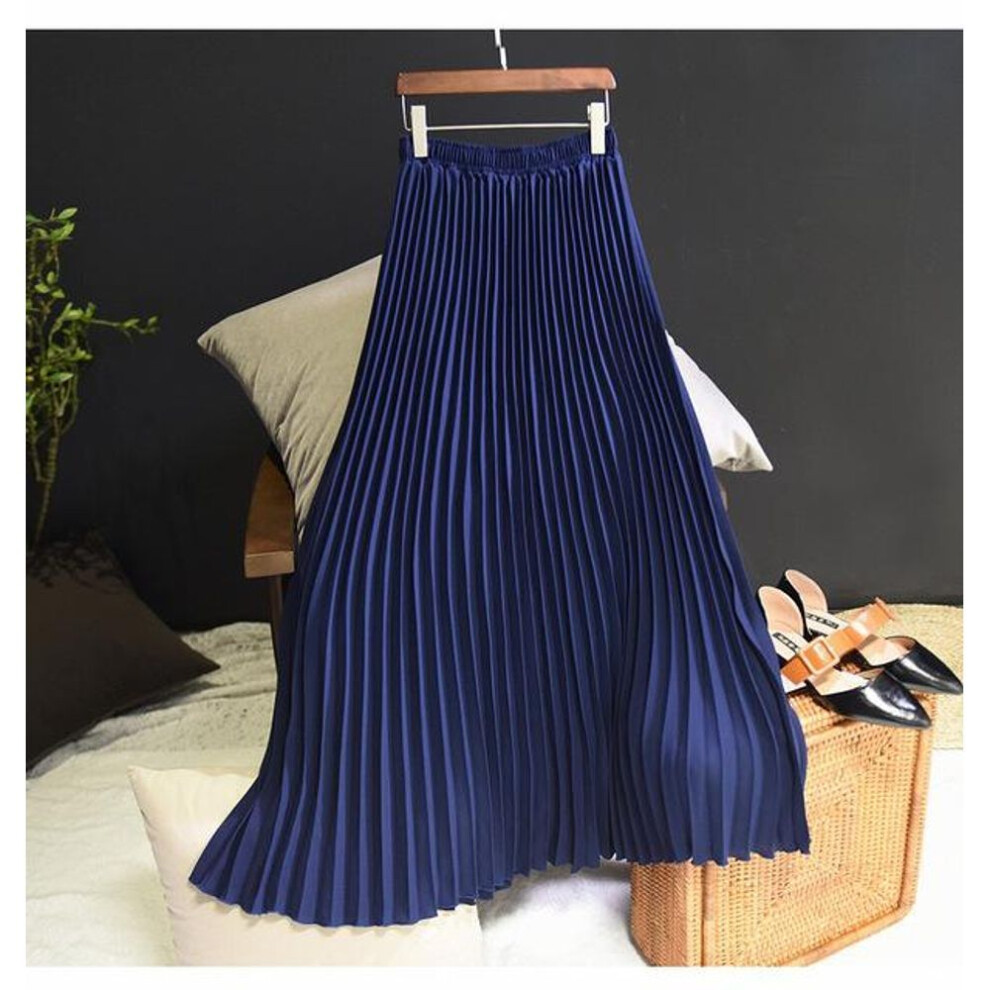 (blue, One Size) Womens Vintage Pleated Midi Long Skirt Female Korean Casual High Waist Chiffon Skirts