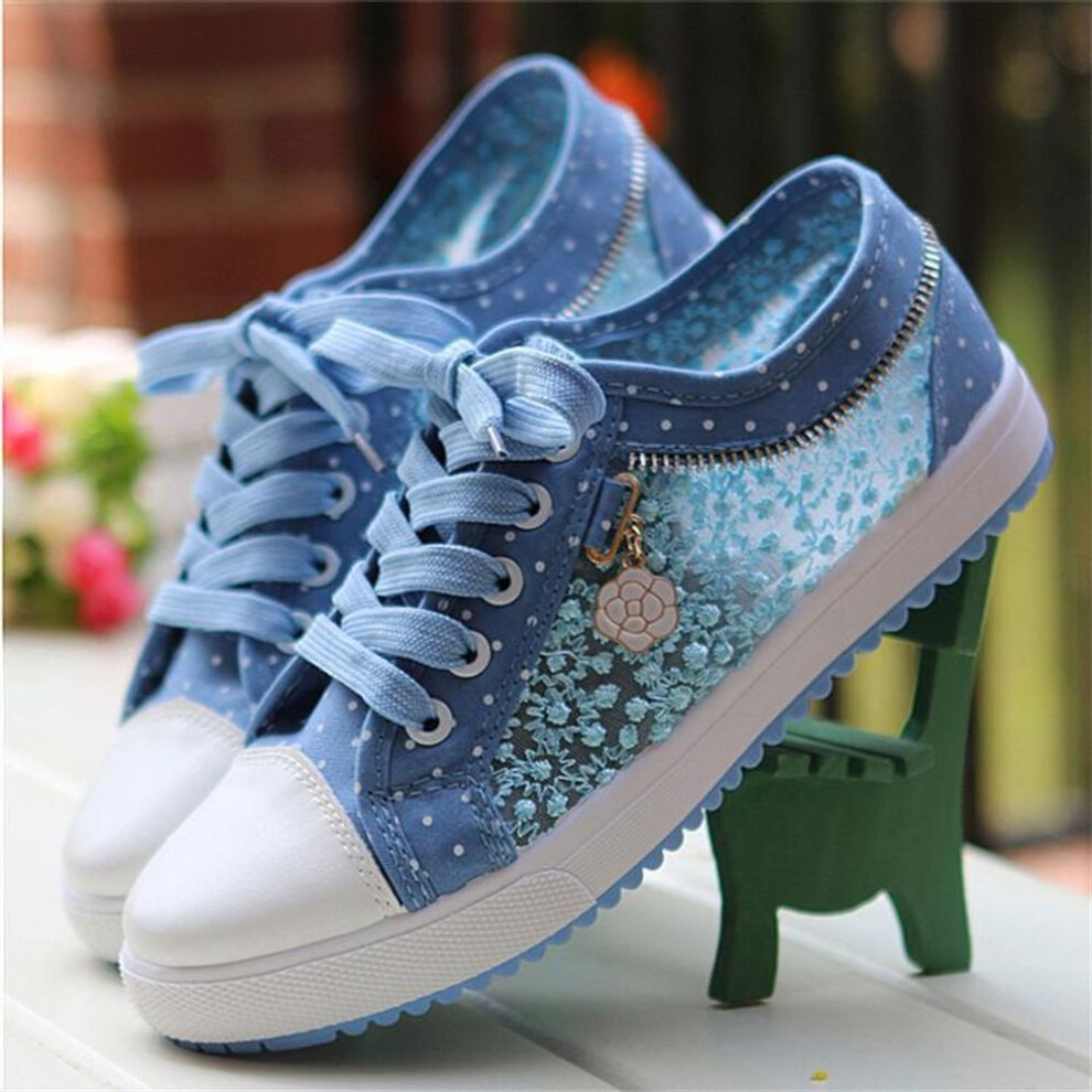 (blue, 35) Women Shoes Fashion Summer Casual Shoes Cutouts Lace Canvas Hollow Breathable Platform Flat Shoes Woman Sneakers