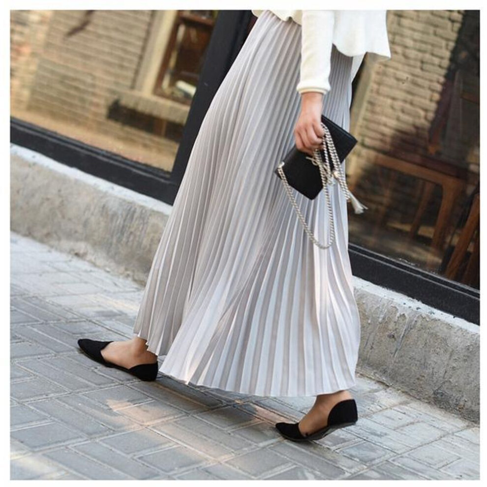 (grey, One Size) Womens Vintage Pleated Midi Long Skirt Female Korean Casual High Waist Chiffon Skirts
