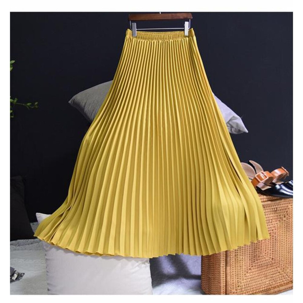 (yellow, One Size) Womens Vintage Pleated Midi Long Skirt Female Korean Casual High Waist Chiffon Skirts