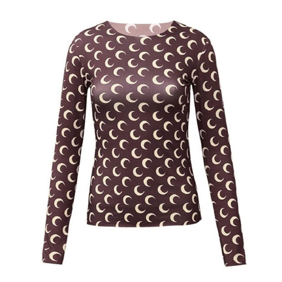 (coffee, S) Solid Color Crescent Moon Print O-Neck & Turtleneck Long/Short Sleeves Shirt Summer Women Tops Outfits S-XL