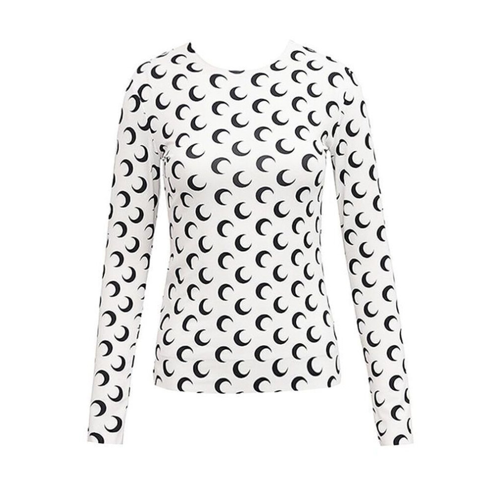 (white, L) Solid Color Crescent Moon Print O-neck & Turtleneck Long/short Sleeves Shirt Summer Women Tops Outfits S-xl