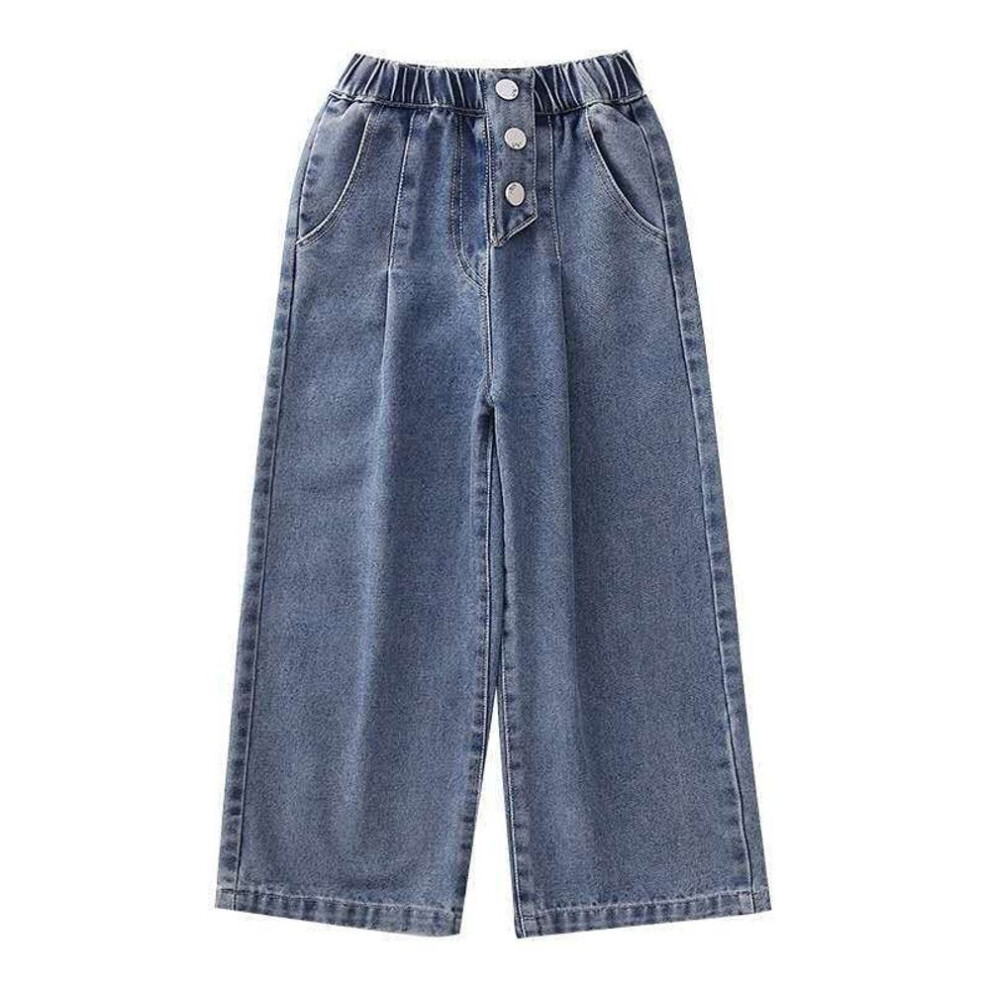 (blue, 120) Girls Spring And Autumn Wide Leg Denim Pants Solid Elastic Waist Kids Jeans Korean Straight Old Children&apos;s Trousers