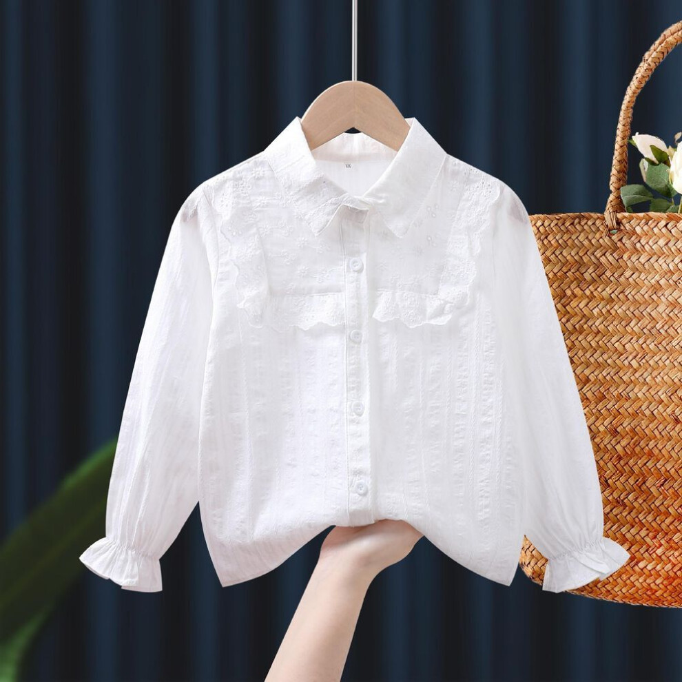 (white, 110) Girls Blouse Spring 2023 New Children&apos;s Long-sleeved Lace Tops Kids Wihite Lapel Cardigan T-shirt