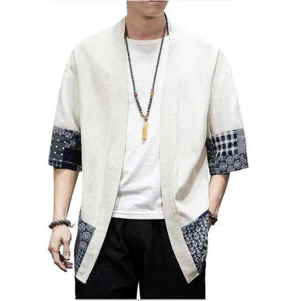 (beige, XL) Men&apos;s Japanese Kimono Cardigan Loose Cotton Linen 3/4 Sleeve Open Front Casual Summer Shirt Jackets