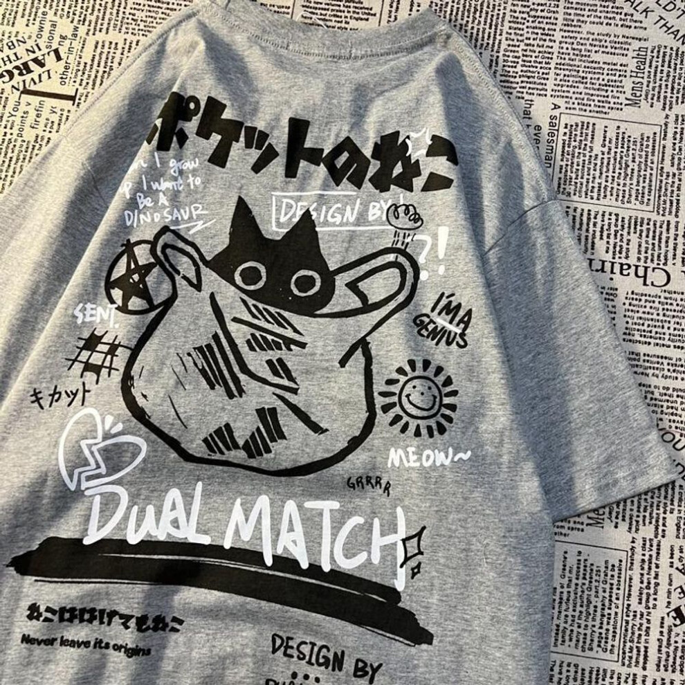 (grey, L) Kawaii Women Cartoon T-Shirts Summer Harajuku Cat Printed Short Sleeve Tees Female Couple Streetwear Loose Clothes