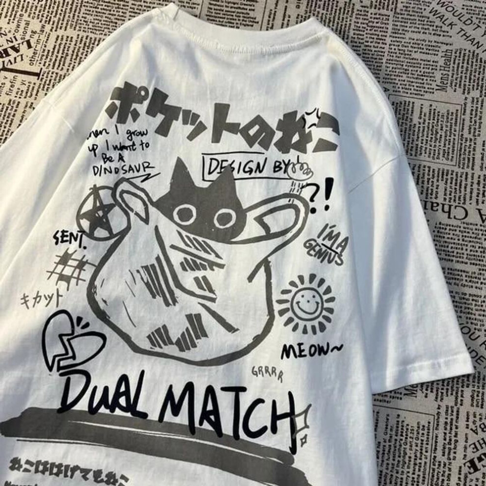 (white, XXXL) Kawaii Women Cartoon T-Shirts Summer Harajuku Cat Printed Short Sleeve Tees Female Couple Streetwear Loose Clothes
