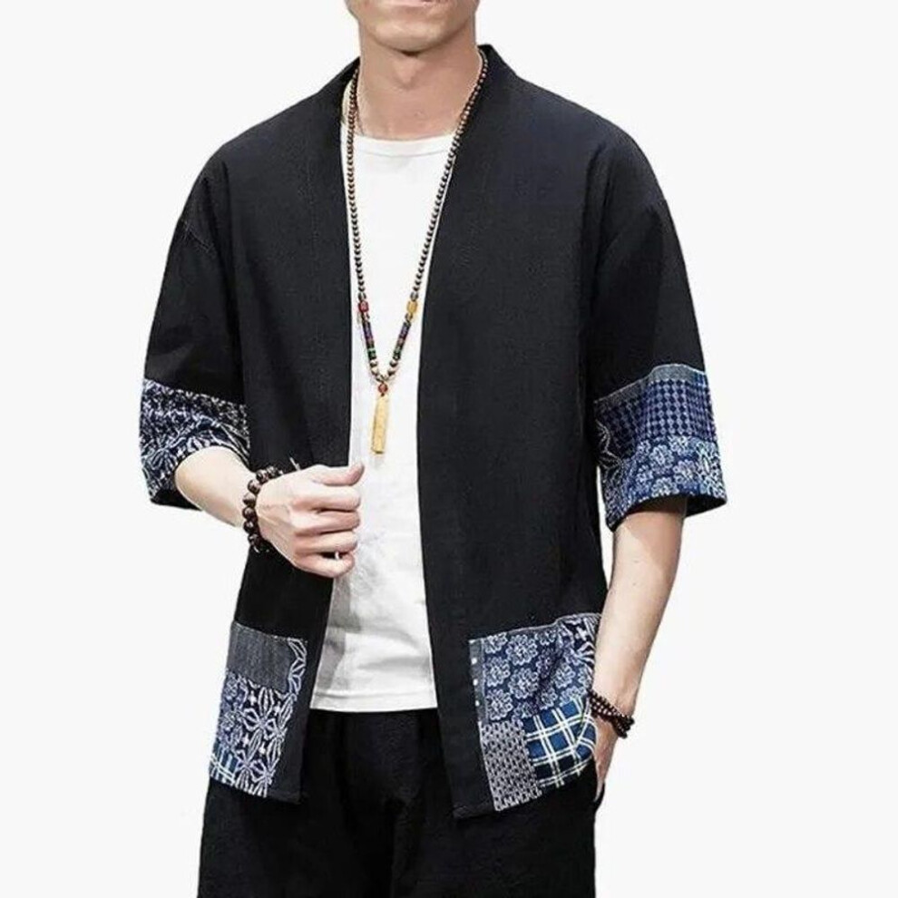 (black, M) Men&apos;s Japanese Kimono Cardigan Loose Cotton Linen 3/4 Sleeve Open Front Casual Summer Shirt Jackets