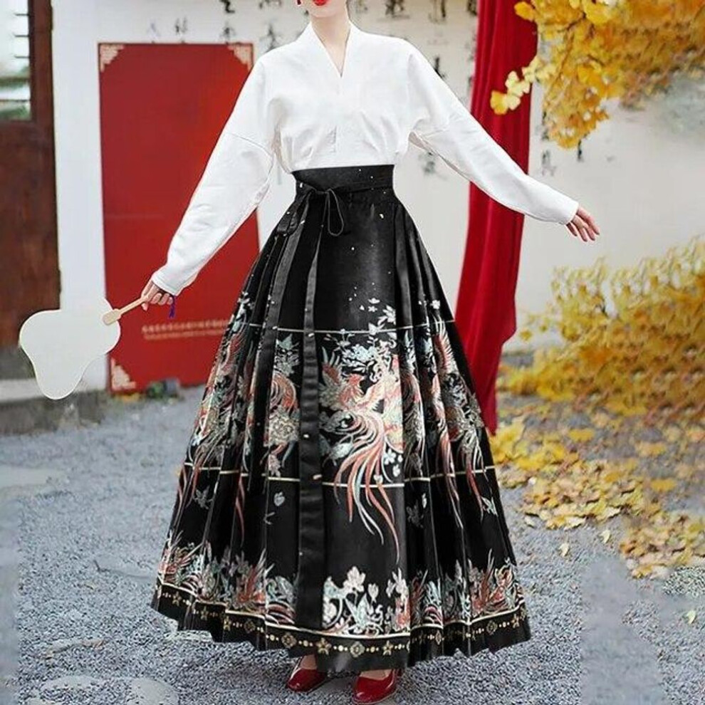 (black, One Size) Spring Autumn Half Skirt Hanfu Clothing Embroidered Silk Pleated Skirt National Style New Skirt  Horse Face Pleated Skirt